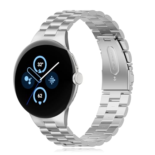 Tuocal Metall Armband Kompatibel mit Google Pixel Watch 2 / Google Pixel Watch 1, Edelstahl Doppelte Faltschließe Ersatzband für Google Pixel Watch 2/1, Silber von Tuocal