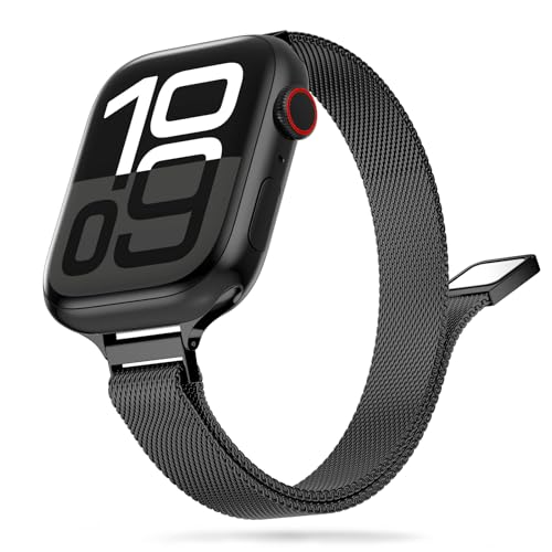 Tuocal Schmal Armband Kompatibel mit Apple Watch Armband 38mm 40mm 41mm 42mm(Series 10), Schlank Milanese Mesh Metall Apple Watch Armband für iWatch Series 10 9 8 7 6 5 4 3 2 1 SE Damen, Schwarz von Tuocal