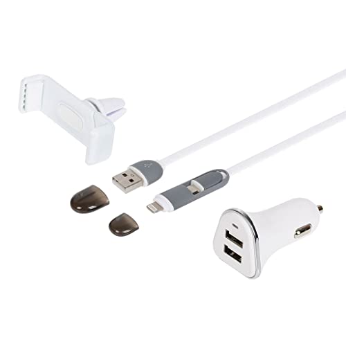 TURBOCAR - Kfz-Ladegerät – USB-Ladegerät 3 in 1 – Zigarettenanzünder 12 – 24 V – 2 USB-Ports 5 V – 1 Smartphone-Halterung – 1 Flachkabel 2-in-1 – Kabellänge: 1 m – Farbe: Weiß von Turbocar