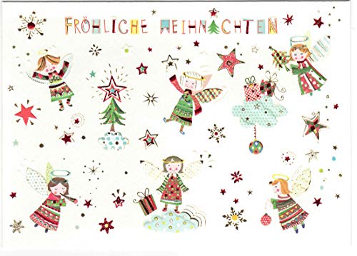 1 Weihnachtskarte mit Umschlag - hochwertige Prägung mit fröhlichen Engeln matter Naturkarton mit Blanko-Innenseiten für Weihnachtsgrüße an Familie, Freunde, Kunden"Fröhliche Weihnachten" von Turnowsky