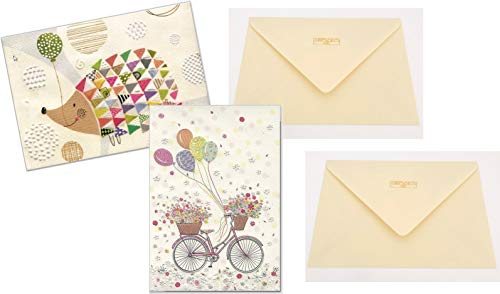 2 Hochwertige Grußkarten mit Umschlag - für Ihre besonderen Grüße zum Geburtstag und anderen Anlässen (Motiv: bunter Igel und Blumen-Fahrrad) von Turnowsky