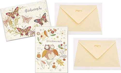 2 Hochwertige Grußkarten mit Umschlag - für Ihre besonderen Grüße zum Geburtstag und anderen Anlässen (Motive: Glückwünsche-Schmetterlinge und Glückwunsch- Eule) von Turnowsky