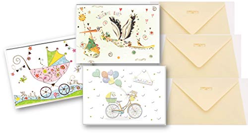 3 Glückwunschkarten zur Geburt - hochwertige Umschlag-Karten von Turnowsky, mit Klapperstorch, Kinderwagen und Baby-Fahrrad von Turnowsky
