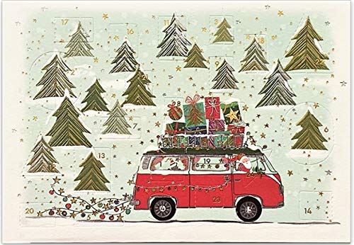 Adventskalender Karte mit Türchen - schöne Grußkarte mit Umschlag, für die Adventszeit und zu Weihnachten, Motiv: Bully mit Geschenken im Weihnachtswald und Nikolaus als Fahrer von Turnowsky