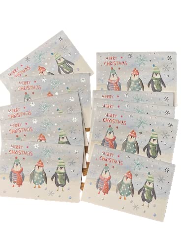 Box mit 10 geprägten internationalen Weihnachts-Karten mit Umschlag - hochwertige Relief-Grußkarten zum Fest mit englischem Schriftzug (3 Pinguine) von Turnowsky