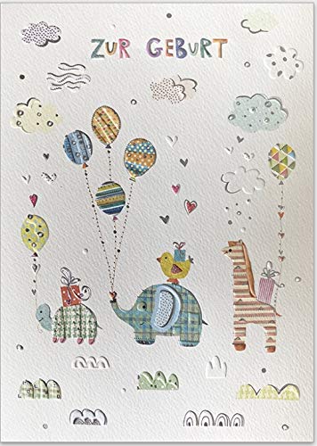 DinA 5 Glückwunschkarte zur Geburt mit Umschlag - hochwertige große Karte von Turnowsky mit süßer Tier-Parade und Luftballons von Turnowsky
