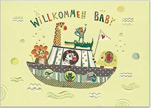 Glückwunschkarte zur Geburt"Willkommen Baby" - Arche mit acht bunten Tieren - hochwertige Umschlag-Karten von Turnowsky von Turnowsky