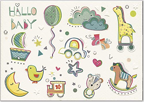 Glückwunschkarte zur Geburt - hochwertige Umschlag-Karten von Turnowsky, mit bunten Spielsachen und"Hallo Baby" von Turnowsky