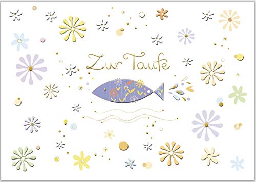 Glückwunschkarte zur Taufe - hochwertige Umschlag-Karte von Turnowsky, mit einem christlichen Fisch und bunten Blumen von Turnowsky
