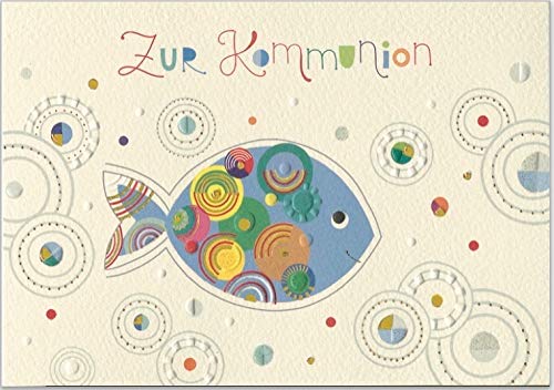 Grußkarte mit Umschlag zur Kommunion, geprägtes Reliefpapier (original von Turnowsky, est. 1940) Motiv: 1x blauer Fisch von Turnowsky