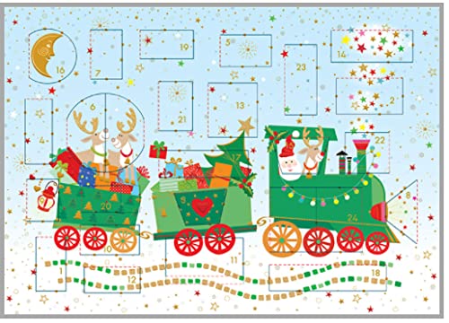 Karte mit Adventskalender und 24 Türchen - schöne Grußkarte mit goldenem Umschlag, für die Adventszeit und zu Weihnachten (Grüne Lokomotive) von Turnowsky