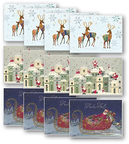Weihnachtskarten mit Umschlag, hochwertig geprägte Grußkarten mit wunderschönem Design (3x4 Rentiere, Schlitten und Nikoläuse) von Turnowsky