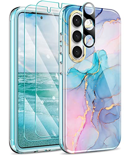 Turquiase Schutzhülle für Samsung Galaxy S23, mit 2 gehärteten Displayschutzfolien und 1 Objektiv-Kameraschutz, leicht und stilvoll, stoßfest, robuste TPU-Hülle, blauer Marmor von Turquiase