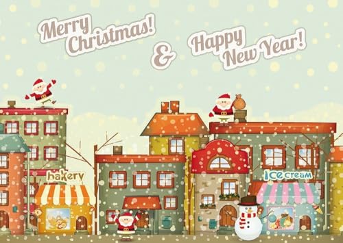 Tushita Weihnachtspostkarte mit Santa & Schneemann – Festliche Winterhäuser und Geschäfte Illustration, Merry Christmas & Happy New Year von Tushita