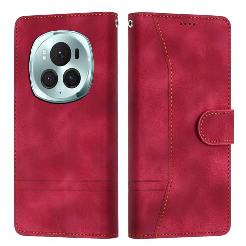 Tussvie Handyhülle für Honor Magic 6 Pro - Leder Flip Case mit Standfunktion, Magnet und Kartenfach - Klapphülle Schutzhülle (Rot) von Tussvie