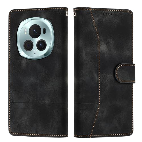 Tussvie Handyhülle für Honor Magic 6 Pro - Leder Flip Case mit Standfunktion, Magnet und Kartenfach - Klapphülle Schutzhülle (Schwarz) von Tussvie