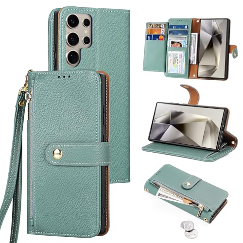 Tussvie Handyhülle für Samsung Galaxy S24 Ultra Hülle, Magnetisch 2-in-1 Reißverschluss Klappba Leder Wallet [Standfunktion] [7 Kartenfächern] Schutzhülle Klapphülle für Samsung S24 Ultra (6,8" Grün) von Tussvie