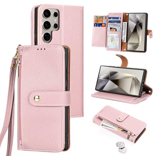 Tussvie Handyhülle für Samsung Galaxy S24 Ultra Hülle, Magnetisch 2-in-1 Reißverschluss Klappba Leder Wallet [Standfunktion] [7 Kartenfächern] Schutzhülle Klapphülle für Samsung S24 Ultra (6,8" Rosa) von Tussvie