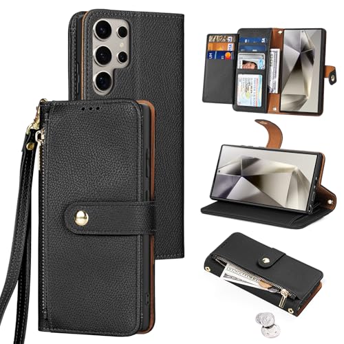 Tussvie Handyhülle für Samsung Galaxy S24 Ultra Hülle,Magnetisch 2-in-1 Reißverschluss Klappba Leder Wallet [Standfunktion] [7 Kartenfächern] Schutzhülle Klapphülle für Samsung S24 Ultra (6,8"Schwarz) von Tussvie