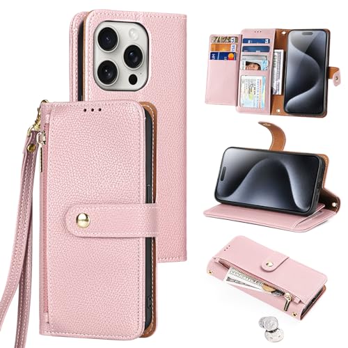 Tussvie Handyhülle für iPhone 15 Pro Max Hülle, Flip Magnetisch 2-in-1 Reißverschluss Klappba Leder Wallet [Standfunktion] [7 Kartenfächern] Schutzhülle Klapphülle für iPhone 15 Pro Max (6,7" Rosa) von Tussvie