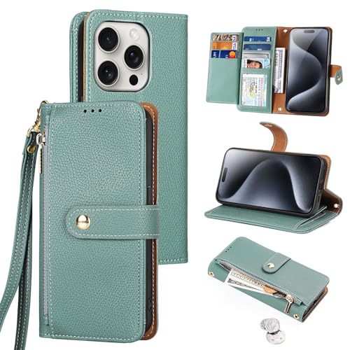 Tussvie Handyhülle für iPhone 15 Pro Max Hülle, Flip Magnetisch 2-in-1 Reißverschluss Klappba Leder Wallet [Standfunktion] [7 Kartenfächern] Schutzhülle Klapphülle für iPhone 15 Pro Max (6,7" Grün) von Tussvie