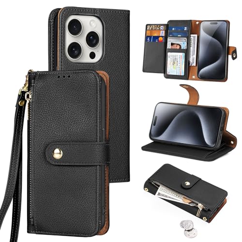 Tussvie Handyhülle für iPhone 15 Pro Max Hülle, Flip Magnetisch 2-in-1 Reißverschluss Klappba Leder Wallet [Standfunktion] [7 Kartenfächern] Schutzhülle Klapphülle für iPhone 15 Pro Max (6,7"Schwarz) von Tussvie