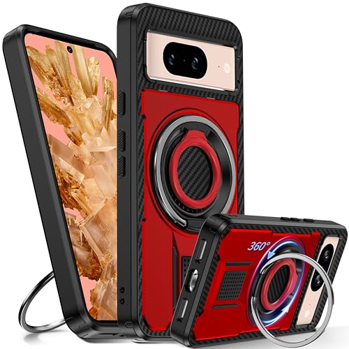 Tuvror Hülle für Google Pixel 8 mit Ständer. [360° drehbarer Ring und Ständer]. Robuste stoßfeste Schutzhülle für Pixel 8, Rot von Tuvror