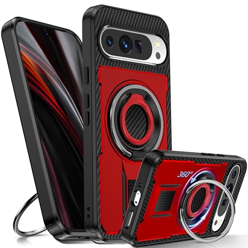 Tuvror Hülle für Google Pixel 9 Pro XL mit Ständer. [360° drehbarer Ring und Ständer]. Robuste stoßfeste Schutzhülle für Google 9ProXL, Rot von Tuvror