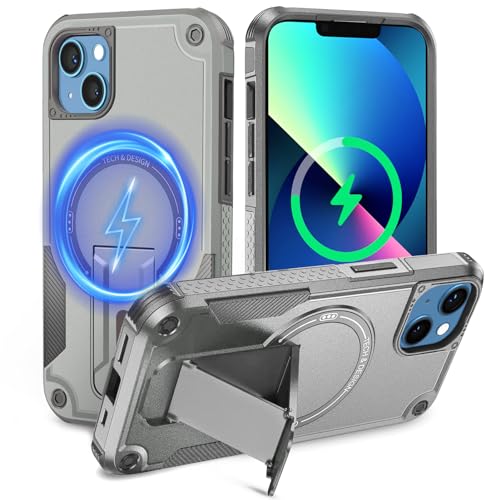 Tuvror Magnetisch Hülle für iPhone 13 / iPhone 14 Hülle mit Ständer, [Kompatibel mit MagSafe] Integrierter Ständer, Militärischer Fallschutz,Handyhülle für iPhone 13/ iPhone 14, (Grau) von Tuvror