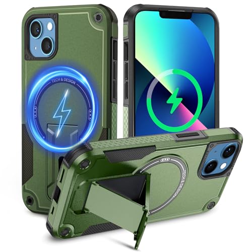 Tuvror Magnetisch Hülle für iPhone 13 / iPhone 14 Hülle mit Ständer, [Kompatibel mit MagSafe] Integrierter Ständer, Militärischer Fallschutz,Handyhülle für iPhone 13/ iPhone 14, (Grün) von Tuvror