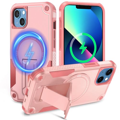 Tuvror Magnetisch Hülle für iPhone 13 / iPhone 14 Hülle mit Ständer, [Kompatibel mit MagSafe] Integrierter Ständer, Militärischer Fallschutz,Handyhülle für iPhone 13/ iPhone 14, (Rosa) von Tuvror