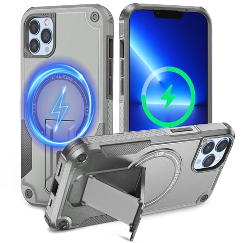 Tuvror Magnetisch Hülle für iPhone 13 Pro mit Ständer, [Kompatibel mit MagSafe] Integrierter Ständer, Militärischer Fallschutz, Robuste Stoßfeste Handyhülle für iPhone 13 Pro, (Grau) von Tuvror