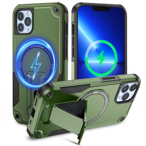 Tuvror Magnetisch Hülle für iPhone 13 Pro mit Ständer, [Kompatibel mit MagSafe] Integrierter Ständer, Militärischer Fallschutz, Robuste Stoßfeste Handyhülle für iPhone 13 Pro, (Grün) von Tuvror