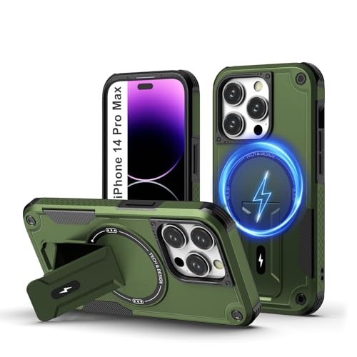 Tuvror Magnetisch Hülle für iPhone 14 Pro Max mit Ständer, [Kompatibel mit MagSafe] Integrierter Ständer, Militärischer Fallschutz, Robuste Stoßfeste Handyhülle für iPhone 14 Pro Max, (Grün) von Tuvror