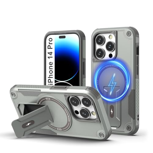 Tuvror Magnetisch Hülle für iPhone 14 Pro mit Ständer, [Kompatibel mit MagSafe] Integrierter Ständer, Militärischer Fallschutz, Robuste Stoßfeste Handyhülle für iPhone 14 Pro, (Grau) von Tuvror