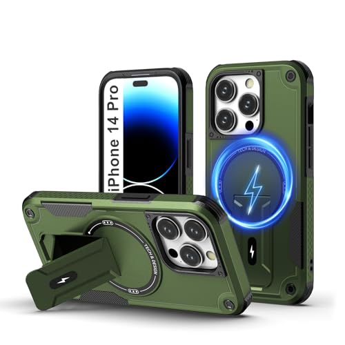 Tuvror Magnetisch Hülle für iPhone 14 Pro mit Ständer, [Kompatibel mit MagSafe] Integrierter Ständer, Militärischer Fallschutz, Robuste Stoßfeste Handyhülle für iPhone 14 Pro, (Grün) von Tuvror