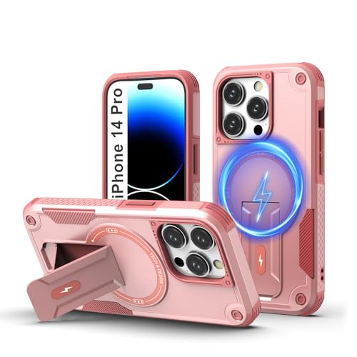 Tuvror Magnetisch Hülle für iPhone 14 Pro mit Ständer, [Kompatibel mit MagSafe] Integrierter Ständer, Militärischer Fallschutz, Robuste Stoßfeste Handyhülle für iPhone 14 Pro, (Rosa) von Tuvror