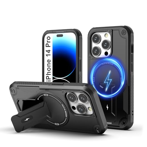 Tuvror Magnetisch Hülle für iPhone 14 Pro mit Ständer, [Kompatibel mit MagSafe] Integrierter Ständer, Militärischer Fallschutz, Robuste Stoßfeste Handyhülle für iPhone 14 Pro, (Schwarz) von Tuvror
