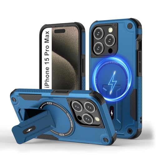 Tuvror Magnetisch Hülle für iPhone 15 Pro Max mit Ständer, [Kompatibel mit MagSafe] Integrierter Ständer, Militärischer Fallschutz, Robuste Stoßfeste Handyhülle für iPhone 15 Pro Max, (Blau) von Tuvror