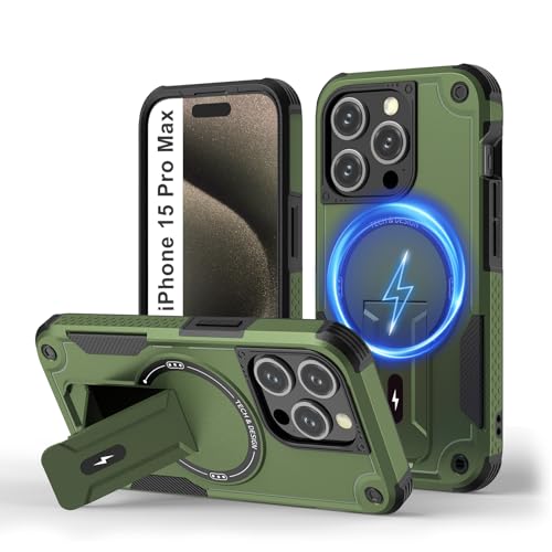 Tuvror Magnetisch Hülle für iPhone 15 Pro Max mit Ständer, [Kompatibel mit MagSafe] Integrierter Ständer, Militärischer Fallschutz, Robuste Stoßfeste Handyhülle für iPhone 15 Pro Max, (Grün) von Tuvror