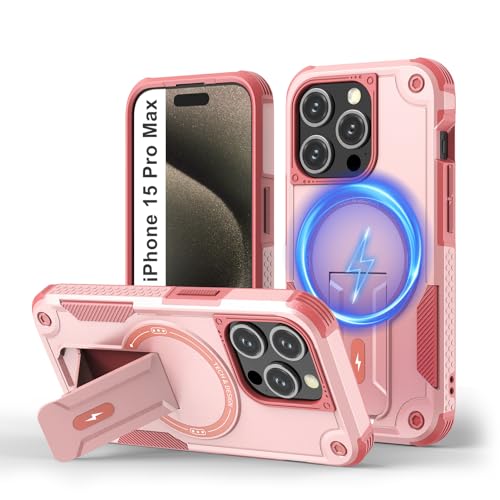 Tuvror Magnetisch Hülle für iPhone 15 Pro Max mit Ständer, [Kompatibel mit MagSafe] Integrierter Ständer, Militärischer Fallschutz, Robuste Stoßfeste Handyhülle für iPhone 15 Pro Max, (Rosa) von Tuvror