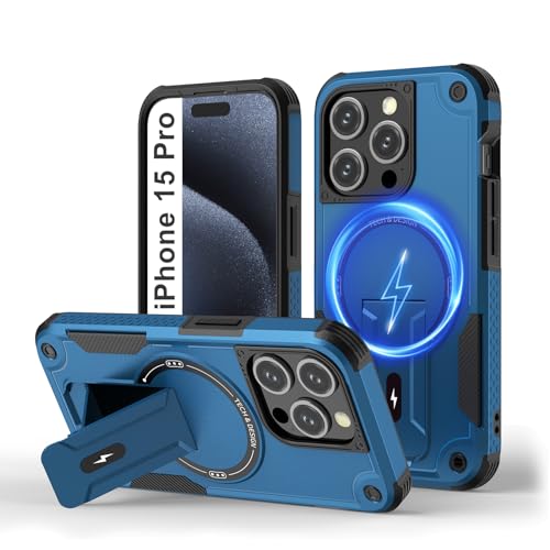 Tuvror Magnetisch Hülle für iPhone 15 Pro mit Ständer, [Kompatibel mit MagSafe] Integrierter Ständer, Militärischer Fallschutz, Robuste Stoßfeste Handyhülle für iPhone 15 Pro, (Blau) von Tuvror
