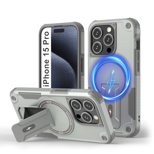Tuvror Magnetisch Hülle für iPhone 15 Pro mit Ständer, [Kompatibel mit MagSafe] Integrierter Ständer, Militärischer Fallschutz, Robuste Stoßfeste Handyhülle für iPhone 15 Pro, (Grau) von Tuvror
