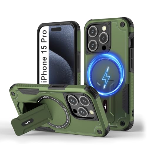 Tuvror Magnetisch Hülle für iPhone 15 Pro mit Ständer, [Kompatibel mit MagSafe] Integrierter Ständer, Militärischer Fallschutz, Robuste Stoßfeste Handyhülle für iPhone 15 Pro, (Grün) von Tuvror