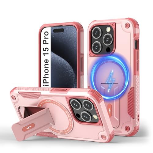 Tuvror Magnetisch Hülle für iPhone 15 Pro mit Ständer, [Kompatibel mit MagSafe] Integrierter Ständer, Militärischer Fallschutz, Robuste Stoßfeste Handyhülle für iPhone 15 Pro, (Rosa) von Tuvror