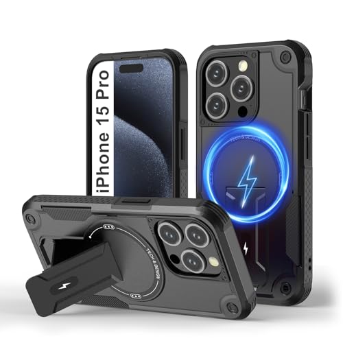 Tuvror Magnetisch Hülle für iPhone 15 Pro mit Ständer, [Kompatibel mit MagSafe] Integrierter Ständer, Militärischer Fallschutz, Robuste Stoßfeste Handyhülle für iPhone 15 Pro, (Schwarz) von Tuvror