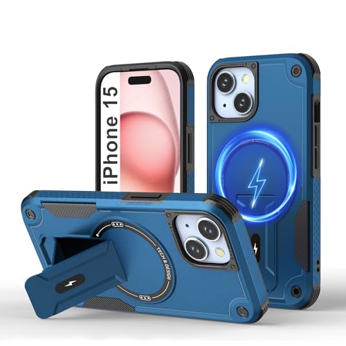 Tuvror Magnetisch Hülle für iPhone 15 mit Ständer, [Kompatibel mit MagSafe] Integrierter Ständer, Militärischer Fallschutz, Robuste Stoßfeste Handyhülle für iPhone 15, (Blau) von Tuvror