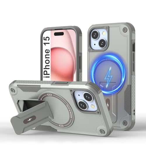 Tuvror Magnetisch Hülle für iPhone 15 mit Ständer, [Kompatibel mit MagSafe] Integrierter Ständer, Militärischer Fallschutz, Robuste Stoßfeste Handyhülle für iPhone 15, (Grau) von Tuvror