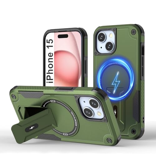 Tuvror Magnetisch Hülle für iPhone 15 mit Ständer, [Kompatibel mit MagSafe] Integrierter Ständer, Militärischer Fallschutz, Robuste Stoßfeste Handyhülle für iPhone 15, (Grün) von Tuvror