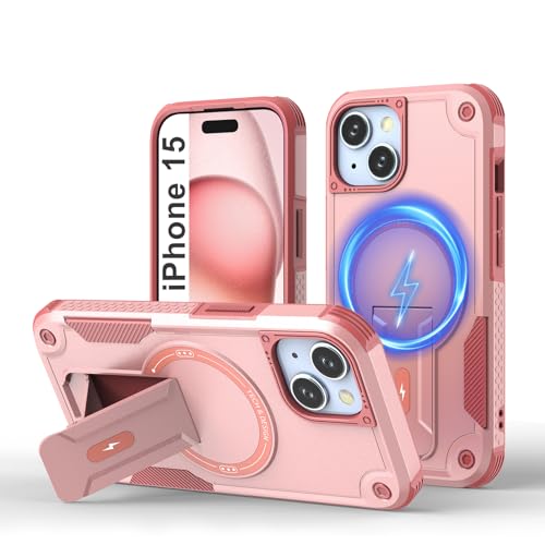 Tuvror Magnetisch Hülle für iPhone 15 mit Ständer, [Kompatibel mit MagSafe] Integrierter Ständer, Militärischer Fallschutz, Robuste Stoßfeste Handyhülle für iPhone 15, (Rosa) von Tuvror